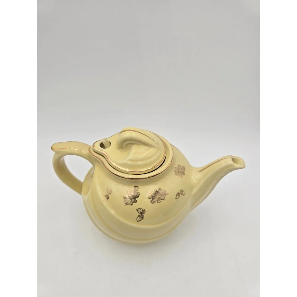 Hall China Yellow Teapot Gold‎ Leaf Acorn Swirl Pattern Vintage Ceramic